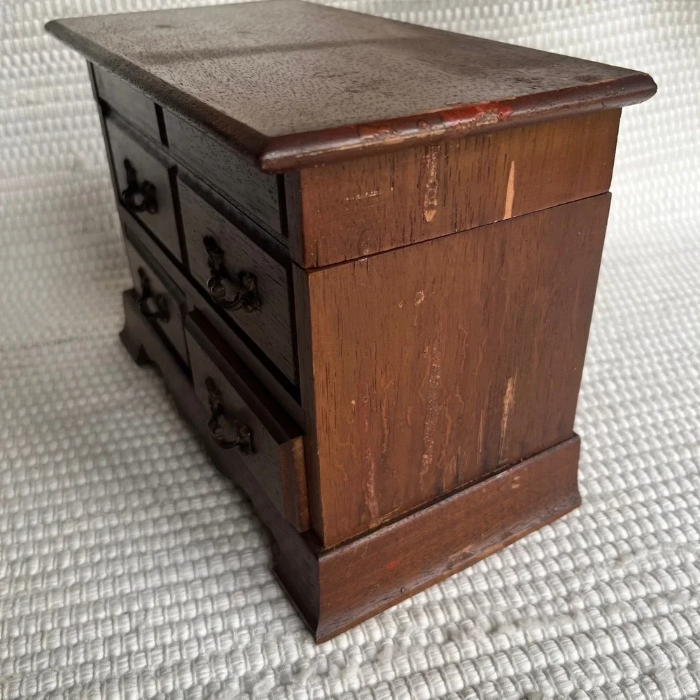 Vintage Wood Jewelry Box Miniature Dresser Chest Blue Lining Mirror Drawer